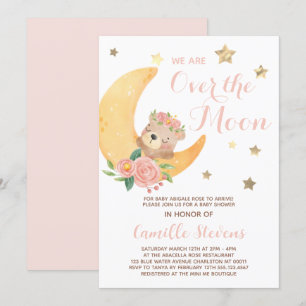 Cute Bear Over the Moon Baby Shower Girl Invitation