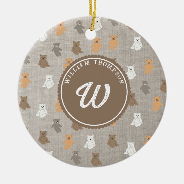Cute Bear Pattern Initial Monogram Ceramic Tree Decoration (Front)