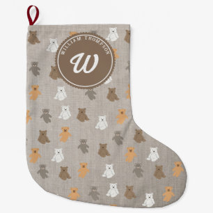 Cute Bear Pattern Initial Monogram Large Christmas Stocking