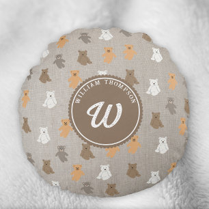 Cute Bear Pattern Initial Monogram Round Cushion