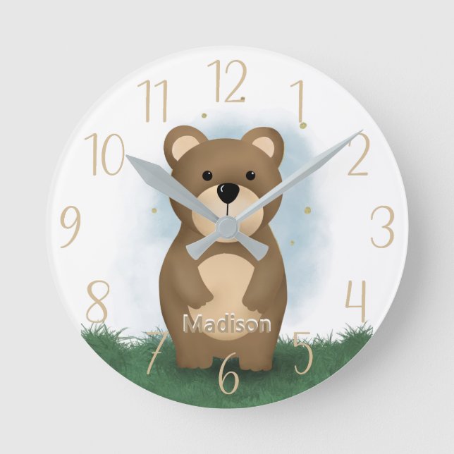 Cute Bear Personalised Gender Neutral Round Clock (Front)