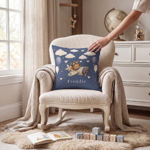 Cute Bear Pilot Flying Aeroplane Clouds Stars Blue Cushion