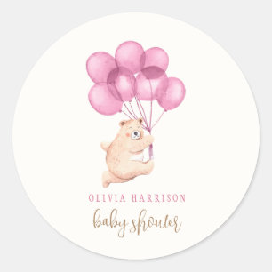 Cute Bear Pink Balloon Baby Shower  Classic Round Sticker
