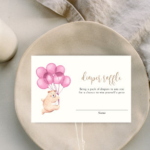 Cute Bear Pink Balloon Baby Shower Diaper Raffle Enclosure Card