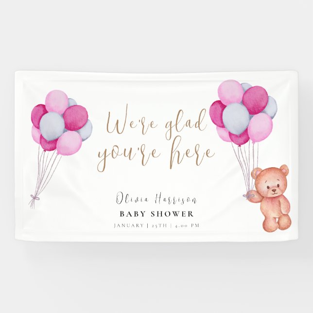 Cute Bear Pink Balloon Baby Shower Welcome Sign (Horizontal)