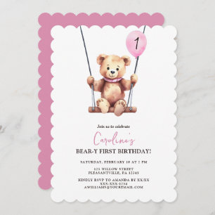 Cute Bear Pink Balloon Girl First Birthday Invitation