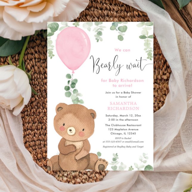 Cute bear pink balloon greenery girl baby shower invitation (Creator Uploaded)