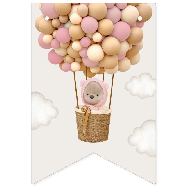 Cute Bear, Pink Balloons, First Birthday Bunting (First Flag)