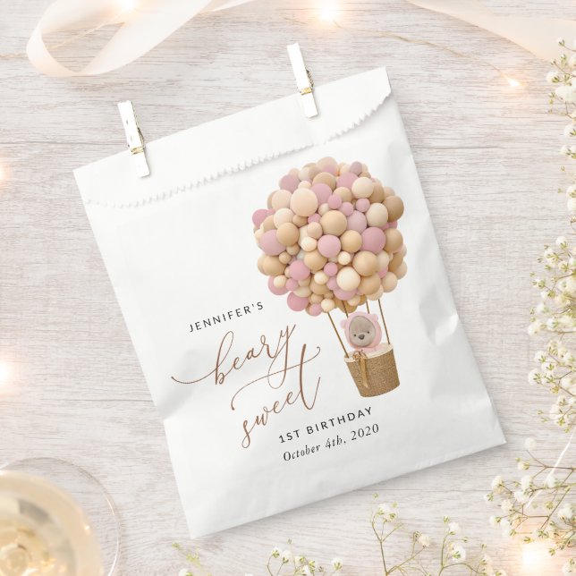 Cute Bear, Pink Balloons, First Birthday Favour Bags (Clipped)