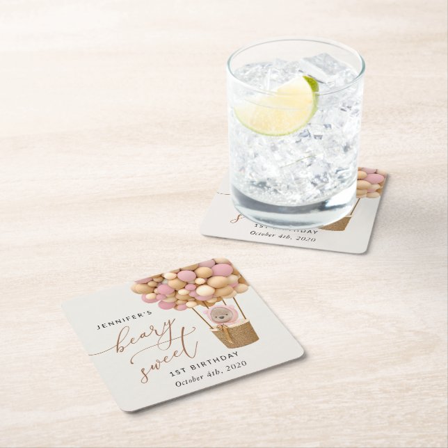 Cute Bear, Pink Balloons, First Birthday Square Paper Coaster (Insitu)
