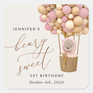 Cute Bear, Pink Balloons, First Birthday Square Sticker
