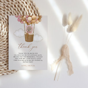 Cute Bear, Pink Balloons, First Birthday Thank You Card