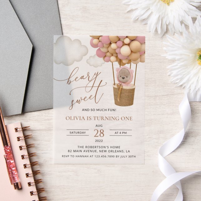 Cute Bear, Pink Balloons, First Birthday Vellum Invitations (Wedding)