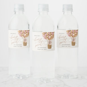 Cute Bear, Pink Balloons, First Birthday Water Bottle Label