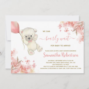 Cute Bear Pink Floral Balloon Girl Baby Shower Invitation