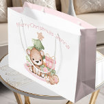 Cute Bear Pink Girl Custom Name Christmas  Large Gift Bag<br><div class="desc">Cute personalised Christmas gift bag for a girl with a cute teddy bear and a Christmas tree in pink,  white and green. Easily personalise the text. - Kate Eden Art</div>