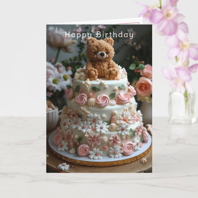 Cute Bear Pink Roses White Daisies Happy Birthday  Card (Orchid)