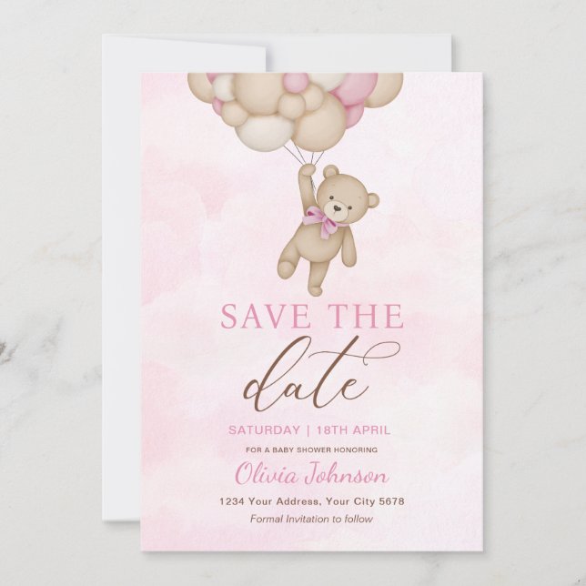 Cute Bear Pink Save the Date Invitation (Front)