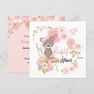 Cute Bear Pink White Florals Girl Baby Shower Invitation