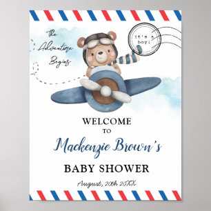 Cute Bear Plane Adventure Begins Boy Baby Shower Poster
