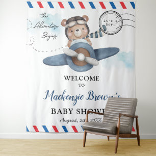 Cute Bear Plane Adventure Begins Boy Baby Shower Tapestry