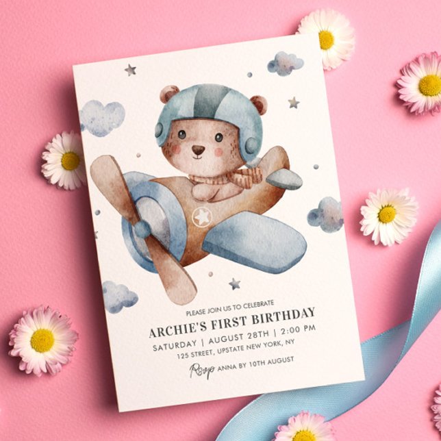Cute Bear Plane Time Flies 1st Birthday Party Invitation (Bear Teddy Boy first birthday invitation cute illustration bear on the plane cute kids invitations)