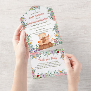 Cute Bear play guitar flora watercolor baby shower All In One Invitation