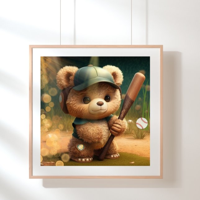 Cute Bear playing Baseball Personalised  Poster (Creator Uploaded)