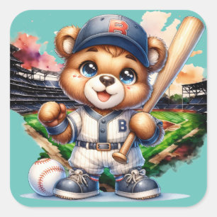 Cute bear playing baseball square sticker
