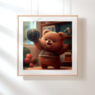 Cute Bear playing Basketball Art Personalised Poster
