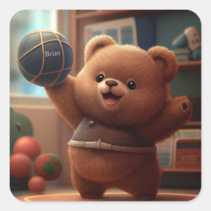 Cute Bear playing Basketball Personalized Square Sticker
