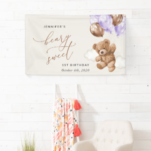 Cute Bear, Purple Balloons, First Birthday Welcome Banner