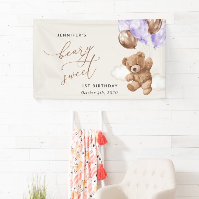 Cute Bear, Purple Balloons, First Birthday Welcome Banner (Insitu)