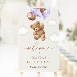 Cute Bear, Purple Balloons, First Birthday Welcome Poster