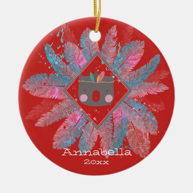 Cute Bear | Red Christmas Ceramic Tree Decoration (Front)