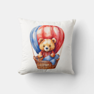 Cute Bear Riding in a Hot Air Balloon Pillow