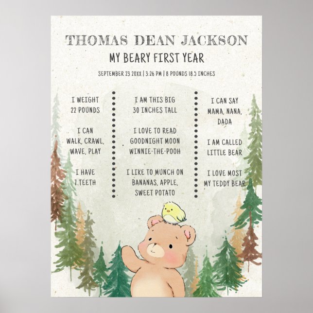 Cute Bear Rustic Beary 1st Birthday Milestone Sign (Front)