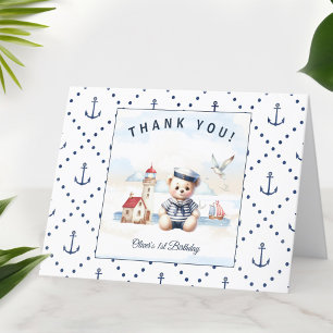Cute Bear Saior Nautical Blue 1st Birthday Boy Thank You Card