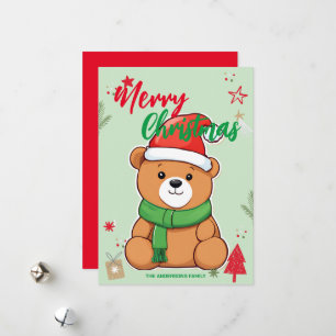 Cute BEAR santa Christmas Holiday Family name Card