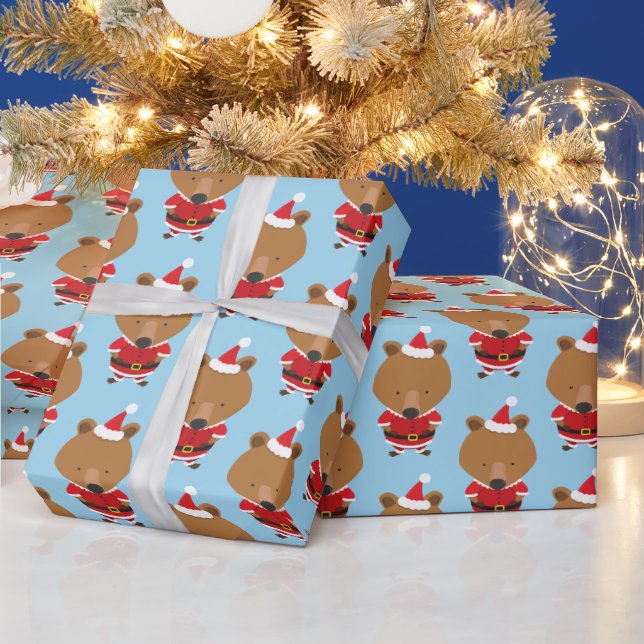 Cute  Bear Santa Hat Christmas Holiday Wrapping Paper (Holidays)