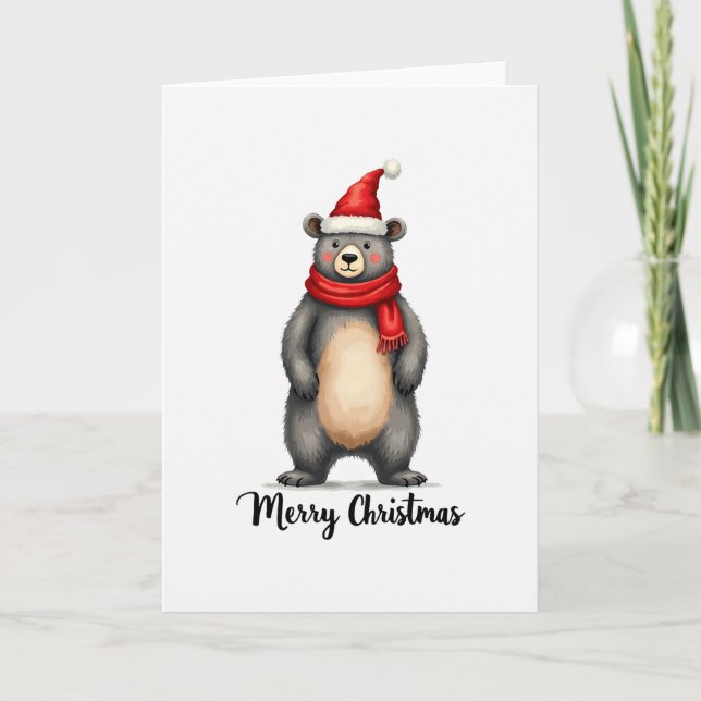Cute Bear Santa Hat Scarf Merry Christmas Card Art (Front)