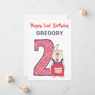 Cute bear second birthday card with name