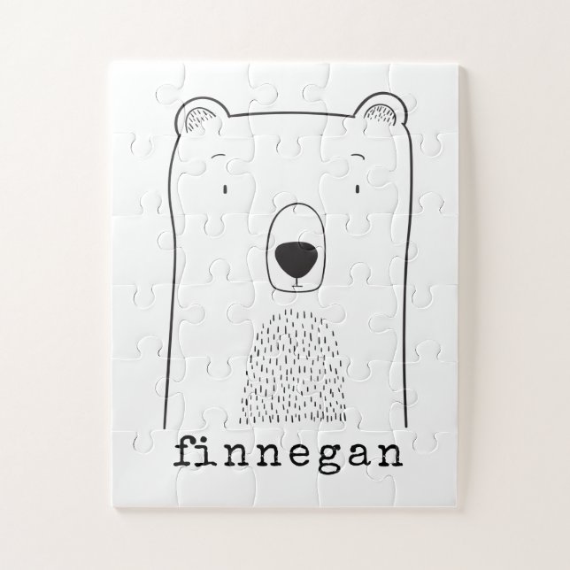 Cute Bear Simple Line Illustration Custom Name Jigsaw Puzzle (Vertical)