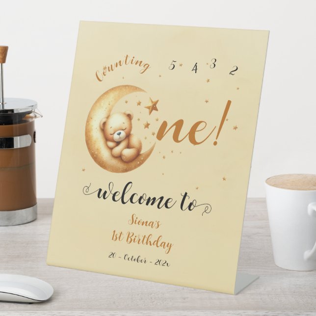Cute Bear Sleep On The Moon 1st Birthday Welcome Pedestal Sign (In SItu)