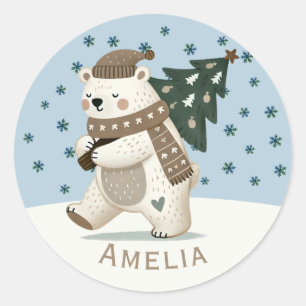 Cute Bear Snowflakes Drawing Name Christmas Classic Round Sticker
