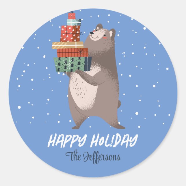 Cute Bear Snowy Winter Holiday Christmas Animal Classic Round Sticker (Front)
