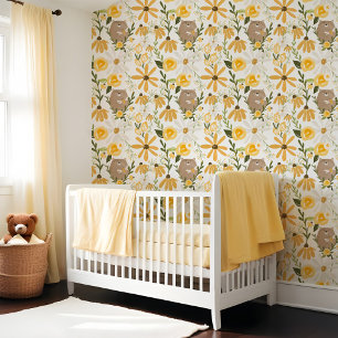 Cute Bear & Sweet Honey Bee Yellow Wildflower Wallpaper