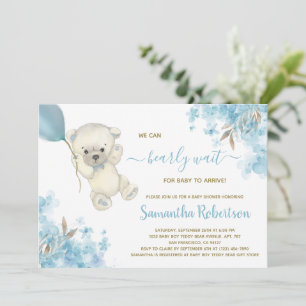 Cute Bear Teddy Blue Balloon Boy Baby Shower Invitation