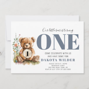 Cute Bear Turning One Birthday Party Invitation