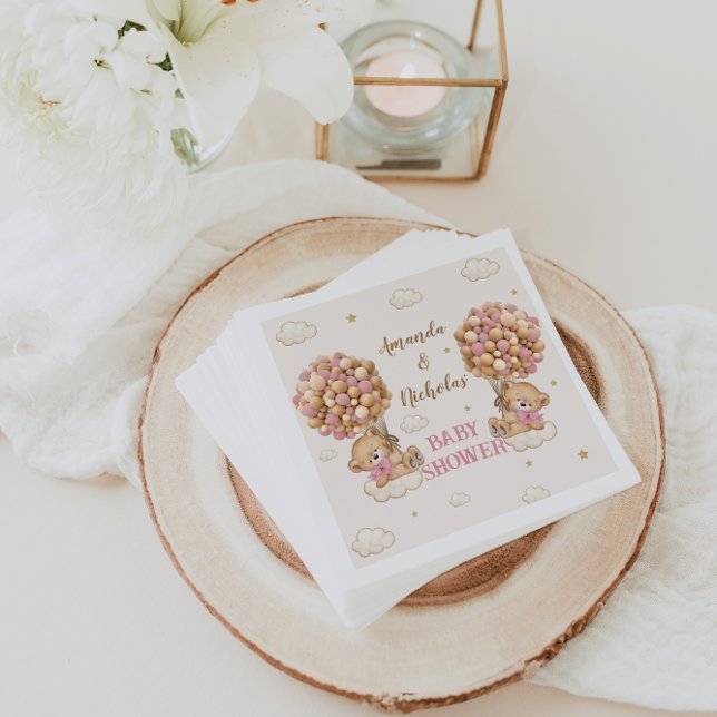 Cute Bear Twin Girls Baby Shower Pink Napkin (Creator Uploaded)